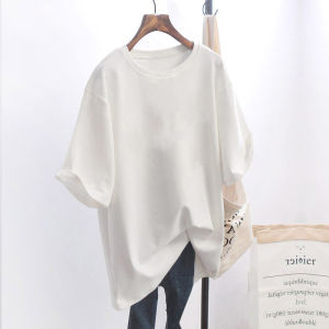 Womens Mid-Length Short-Sleeve round Neck T-Shirt Solid Color Base Layer Loose Fit Korean Style Casual Wear Polyester Blend