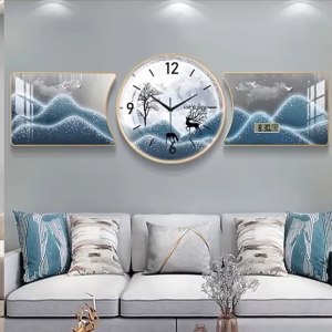 Stylish new wall clock and three-panel artwork for the living room perfect for the sofa background wall with a touch of elegance and good vibes