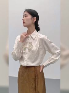 AMMIN 2025 Spring and Autumn new simple lapel fashion r disc button design Long sleeve chiffon shirt Womans new Chinese positioning exquisite embroidery floral single breasted design elegant blouse