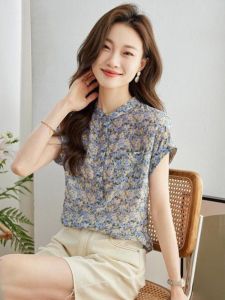 Chinese Style Chic Floral Short-Sleeved Shirt Womens Summer New Arrival Western Style Youthful-Looking Chiffon Shirt Stylish Beautiful Tops Fashion