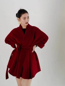 Red Double-Sided Cashmere Coat Womens Autumn Winter New Style Vintage Belted New Year Wedding Small Size Woolen Outerwear