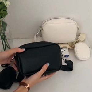 Stylish Plain PU Leather Square Camera Bag with FREE POUCH detachable