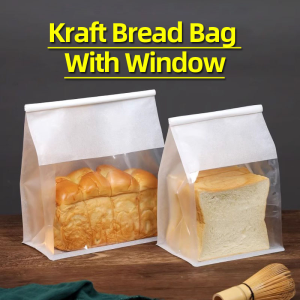 (clearance)50pcs Kraft Bread Paper Bag with Window Cute Clear Toast Plastic Bread Packaging Bags for DIY Homemade Bakery Bulk Use