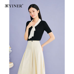 YINER | Hepburn Style Color Block Sash Beaded Decoration Sweater