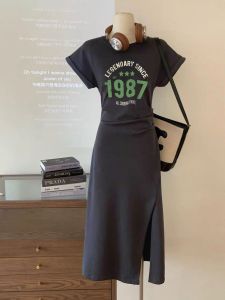 Elegant Short Sleeve T-Shirt Dress Women Summer New Digital Slit Slimming Long Skirt Trendy Elastic Waistband Korean Style