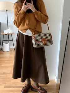 Brown Woolen Skirt Womens Autumn and Winter Small High Waist Slimming All-Matching A- line Umbrella Skirt Winter Thickened Long Dress