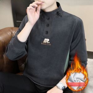 HENGYUANXIANG | Hengyuanxiang Mens Fleece Lined Hoodie Thickened Autumn Winter Style Half High Collar Long Sleeve T-Shirt Warm Base Shirt