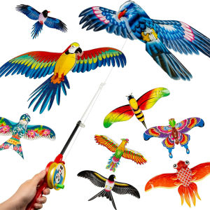 Mini Fishing Rod Kite for Kids Vivid Butterfly Swallow Parrot Easy to Fly Goldfish Kites for Toddler Outdoor Beach Park Beginner