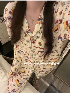 Bộ Đồ Ngủ Cotton Dài Tay Phong Cách Nhật Bản Mùa Xuân Thu Cho Nữ Bộ Đồ Mặc Nhà Dễ Thương Quần Dài Áo Chui Đầu Cổ Bẻ Nhỏ