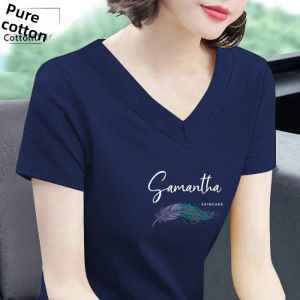 QIAOXIZI | Summer Loose-Fitting Cotton T-Shirt for Plus Size Women with Belly Covering and Slimming V-Neck