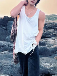 Pure White Ripped Fitness Tank Top Mens Summer Sleeveless Base Shirt T-Shirt American Basketball Sport Shoulder Pad