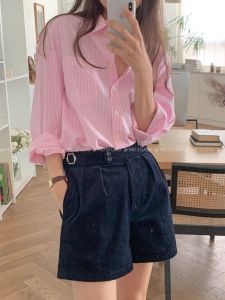 Sweet Striped Long Sleeve Womens Shirt Pink Casual Style Spring New Loose Fit Versatile Cotton Polo Collar Traditional Design