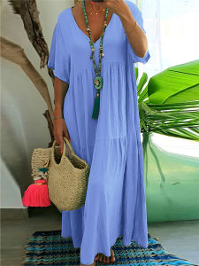 Plus-Size Womens Casual Loose-Fitting V-Neck Solid-Color Long Dress Spring/Summer Pleated Plus-Size Womens Dress