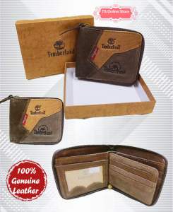 【Ready Stock】 Short Wallet Genuine Leather Purse Zip Safety Wallet For Men【With Box】 Dompet Pendek Kulit Zip Lelaki