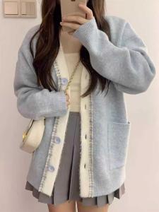 Preppy Style Light Blue Knitting Cardigan Sweater Female Fall and Winter New Arrival Loose Fancy Age-Reducing Soft Glutinous Coat Top