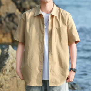 Ice Silk Khaki Short Sleeve Casual Shirt Mens Summer New Style Half Sleeve Leisure Workwear Shirt Loose Fit Polyester Fiber