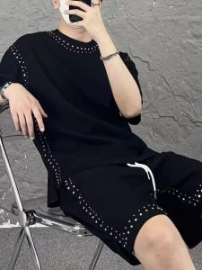 Loose Fit Large Size 300 Pounds Mens Lazy Set Summer Solid Color Rivet Personality Design Short Sleeve Shorts Casual Sportswear