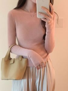 เซ็กซี่ เผ็ด เด็กผู้หญิง แขนยาว เสื้อสเวตเตอร์ถัก ผู้หญิง ฤดูใบไม้ร่วง ฤดูหนาว ความยาวปานกลางด้านใน รัดรูป เสื้อฐาน เสื้อท่อนบน คอกลม สไตล์เกาหลี