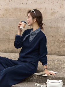 Vimly | Navy Knit Winter New Faux Two-Piece Set