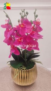 1 SET RANGKAIAN BUNGA ANGGREK K4 LATEX VAS GOLD GERIGI ARTIFICIAL HIASAN MEJA RUANG TAMU RB6129