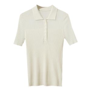 Amii Summer New Minimalist Slim Fit Half Open Front Short Sleeve Knitted Sweater Texture Lightweight Skin Feeling Polyester Fiber