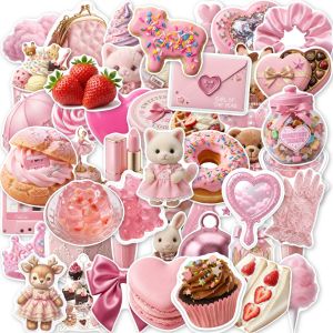 50 PCS Pink Ins Style Doll Dessert Cute Animal Fresh Stickers Decorate Luggage Helmet Skateboard Makeup Box Vinyl Decals