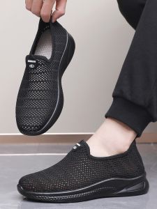 Beijing Mens Cloth Shoes Breathable Mesh Upwork Summer Hollow out Work Shoes Comfortable Casual Slip-On Flat Heel round Toe