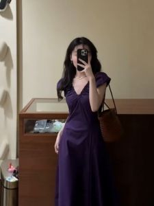 VKSOD | Elegant Purple V-neck Midi Dress Womens Summer 2025 New Style A-line Skirt High Waist Short Sleeve Zipper Closure Dress