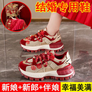Genuine Leather Wedding Shoes Womens Match Show Heel Slippers Platform Shoes Small Size New Bride Red Chinese Zodiac Sports Dad Shoes