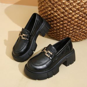 Black Retro Flats Womens Outdoor Wear Spring 2025 Metal Buckle Versatile round Head Thick Bottom British Style Single Shoes