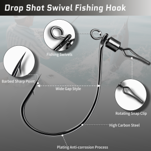 FishTrip Drop Shot Hook with Barrel Swivel Snap 30pcs Fishing Hook Swivel In-line DropShot Rig Soft Lure Worm Hook for Carp Bass