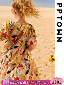 Girls Summer Floral Dress Bubble Sleeve Princess Style Cotton Long Skirt Childrens Holiday Outfit Sweet Middle Large Children