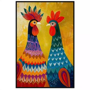 Tranh phong thủy đôi gà trống đại cát phong cách trang trí cách điệu hiện đạiTranh treo tường dán tường.CGI-885