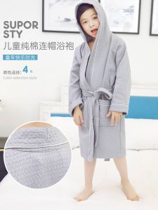 Childrens Cotton Bathrobe Absorbent Thin Summer Bathing Gown Quick Dry Spring Autumn Sleep Robe with Hat Boy Girl