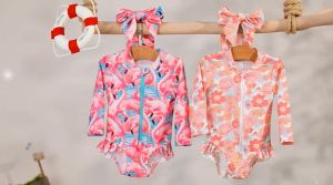 เด็กผู้หญิงผื่นยามว่ายน้ำรอมเข้มดอกไม้พิมพ์ซิปแขน วัตถุดิบแสงแดด ชุดอาบน้ำ พร้อมหูฟัง