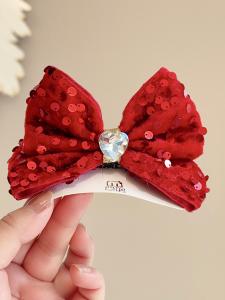 Childrens 3D New Year Red Bow Hair Clip Sparkling Sequins Girls Performance Party Hair Accessories Princess Top Clip