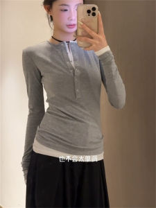 Slimming Long Sleeve Base Shirt Korean Style Color Block Design Womens Fashionable Versatile Top for Autumn Season