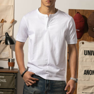 LUPAN | Retro Style Henley T-Shirt Cotton Short Sleeve Gray Summer
