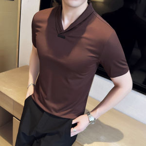 Mùa Hè Băng Mỏng Lụa Co Giãn Áo Thun Dệt Kim Tay Ngắn Thời Trang Nam Cổ Chữ V Quince Fruit Leaf Half Tay Base Shirt Thời Trang