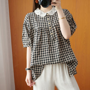 Lace Collar Plaid Shirt Cotton Top