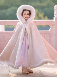 Thickened Autumn Winter Hooded Hanfu Coat for Girls Warm Outerwear Windproof Childrens Clothing Princess Style Polyester Fiber
