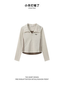 Womens Long Sleeve T-Shirt Collar Zipper Design Embroidery Base Shirt Slim Fit Top Korean Style Creative Pattern Cotton Blend