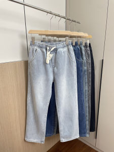 กางเกงยีนส์ทรงตรงผู้ชายฤดูใบไม้ร่วง/ฤดูหนาว กางเกงยีนส์ทรงหลวมเอวยางยืดบุขนแกะแบบลำลองสไตล์ญี่ปุ่นและเกาหลีใต้