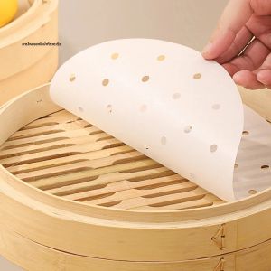50pcs ไม้ไผ่ Steamer Papers Disposable Non-Stick Steamer MAT กระดาษน้ํามัน Air Fryer เตาอบครัว PAN Pad Airfryer Bakpapier
