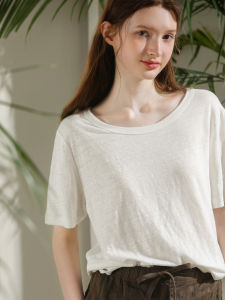 Miccbeirn | Miccbeirn Summer Loose Pure Linen Knitted T-Shirt Thin Comfortable Solid Casual Short Sleeve Womens Top Round Neck Design