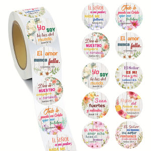500 PCS Spanish Bible Verse Stickers Roll - Floral Christian Scripture Round Labels for Envelopes Gifts Cards & Crafts