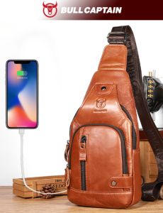 BULLCAPTAIN Genuine Leather Chest Pack for Men Vintage Casual Messenger Shoulder Bag Sport Bag