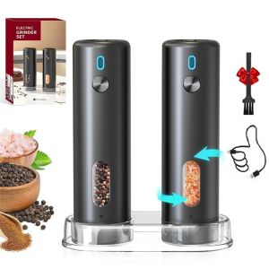Electric Salt and Pepper Grinder Set Rechargeable Automatic Pepper Mill Adjustable Coarseness with LED Light and Storage Base