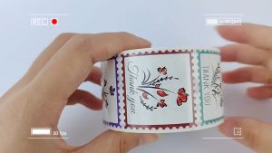 สติ๊กเกอร์ Thank You แบบม้วน 500 ดวง ขนาด 3.8x3.8 cm ไดคัทเป็นลายสแตมป์ 4เหลี่ยม ในม้วนมี 4 ลาย 4 สี สวยมาก