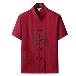 Thêu Phong cách Trung Hoa Rồng áo Cỡ cộng Tops người đàn ông CNY áo phông tay ngắn áo Trung Quốc quần áo năm mới người đàn ông của trang phục truyền thống Bộ đồ kiểu Xường Xám samfu 龙 唐装 汉服 古装
